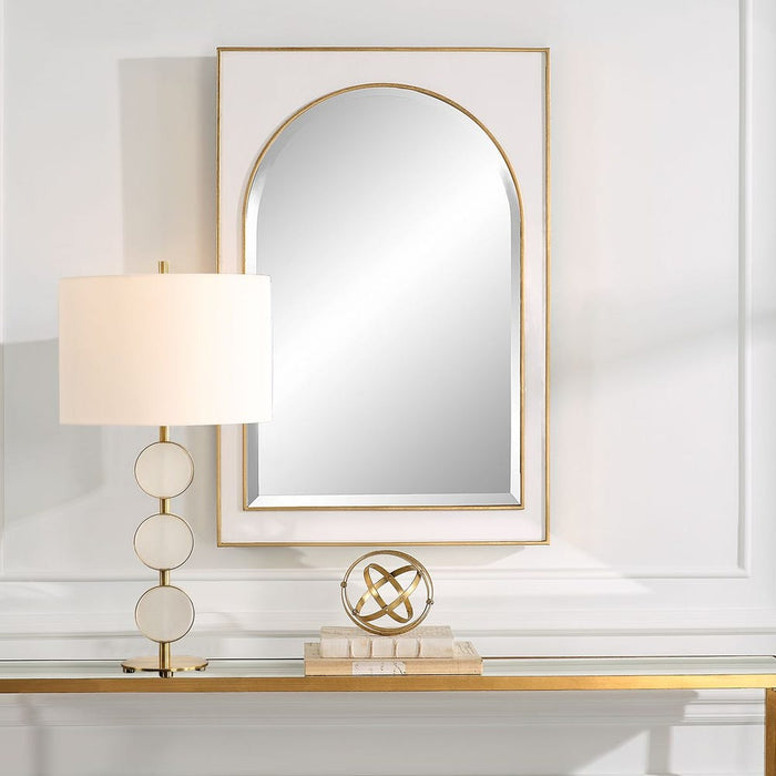 Crisanta Arch - gloss white iron mirror with antiqued gold leaf accents and 1 inch bevel