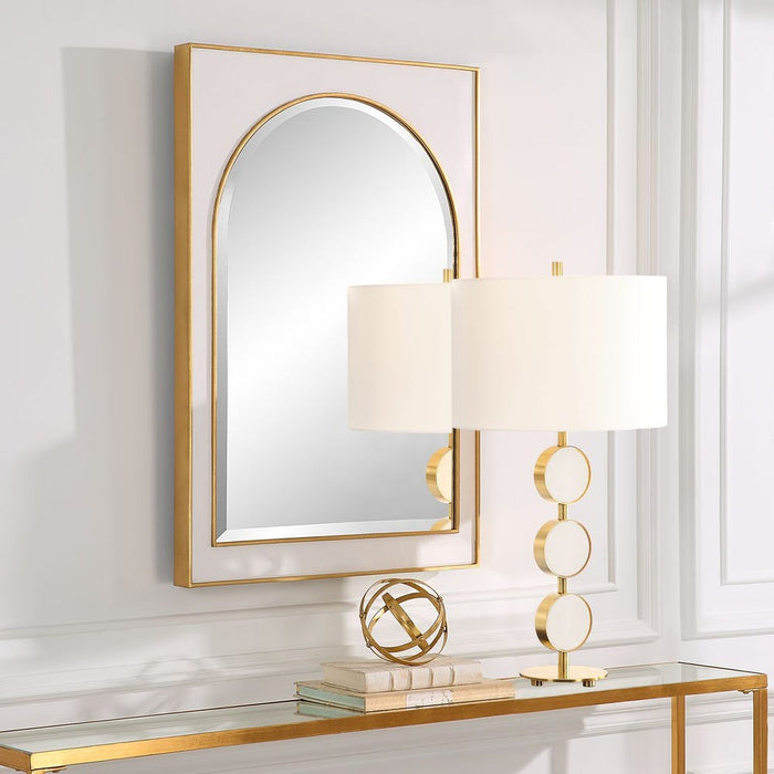 Crisanta Arch - gloss white iron mirror with antiqued gold leaf accents and 1 inch bevel