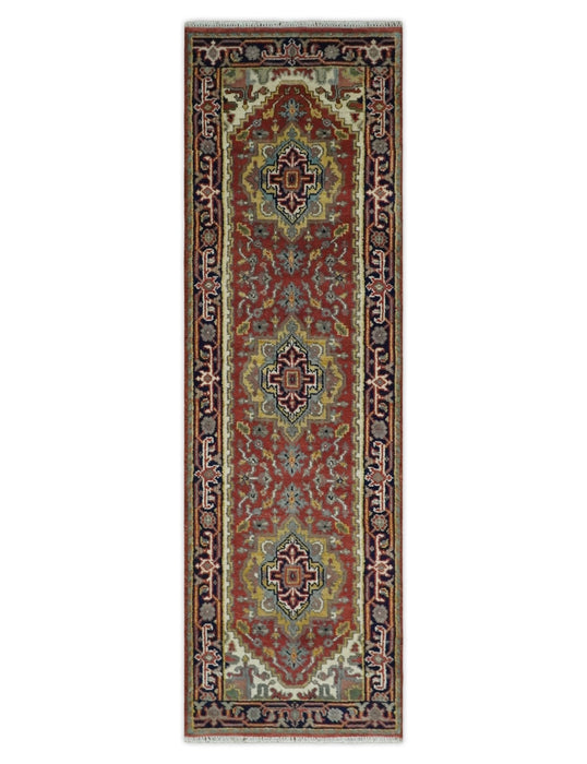 6x9 and runner Traditional Blue, Rust and Ivory Hand knotted wool Area Rug