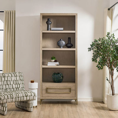 Alessia Etagere - light oak veneer with brushed brass hardware and four storage shelves