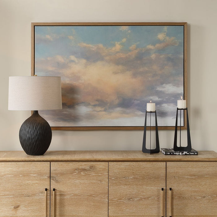 Take Me Higher Framed Canvas - vibrant sky canvas in light walnut veneer frame