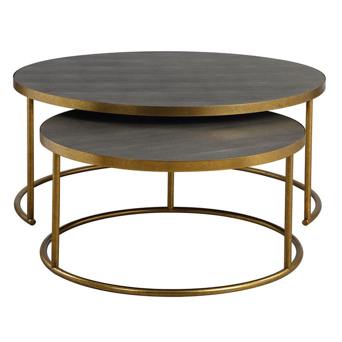 Aragon Nesting Coffee Tables, Gray - brass base with shagreen tops