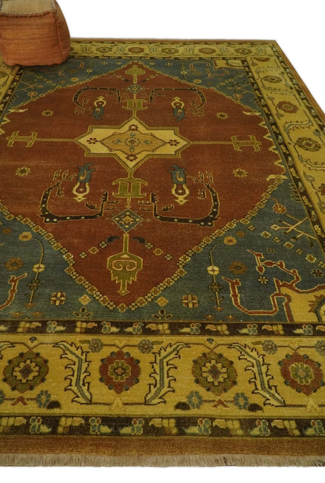 8.8x11.9 Rust, Gold and Blue Heriz Traditional Vintage Style Antique Look Hand Knotted Wool Area Rug