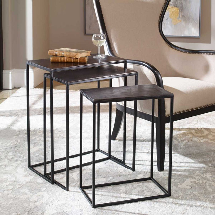 Coreene Nesting Tables, Black, S/3 - black iron with bronze top