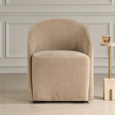 Harbor Dining Chair Flax - barrel back design with flax polyester velvet upholstery and casters