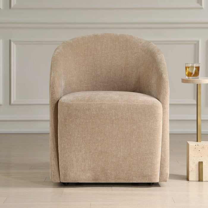 Harbor Dining Chair Flax - barrel back design with flax polyester velvet upholstery and casters