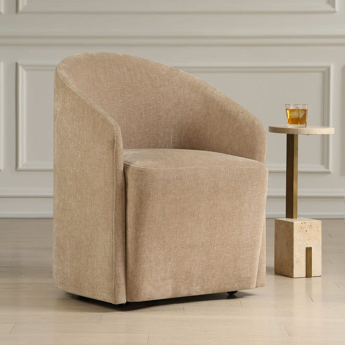 Harbor Dining Chair Flax - barrel back design with flax polyester velvet upholstery and casters