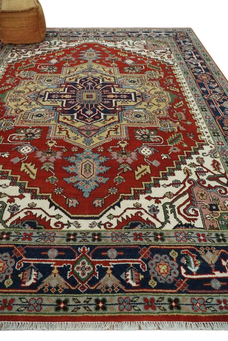 8x10 and 9x12 Hand Knotted Brown, Mustard, Ivory and Blue Traditional Wool Area Rug