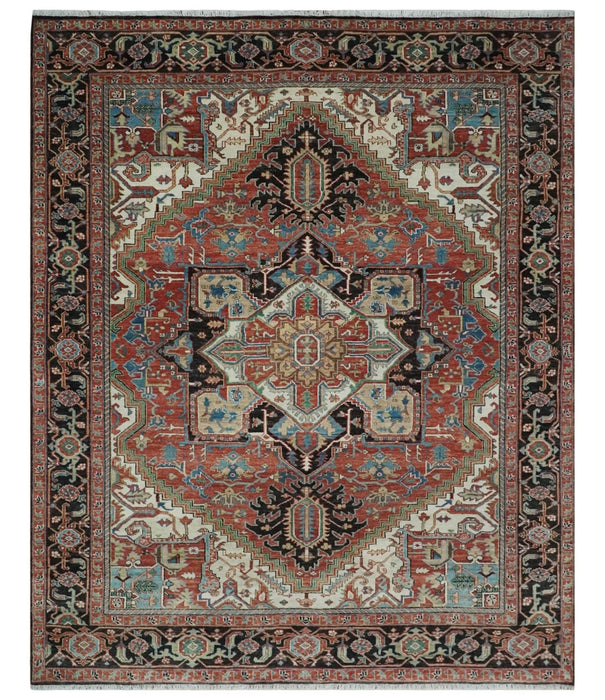 8x10 and 9x12 Hand Knotted Rust, Ivory and Black Traditional Wool Area Rug