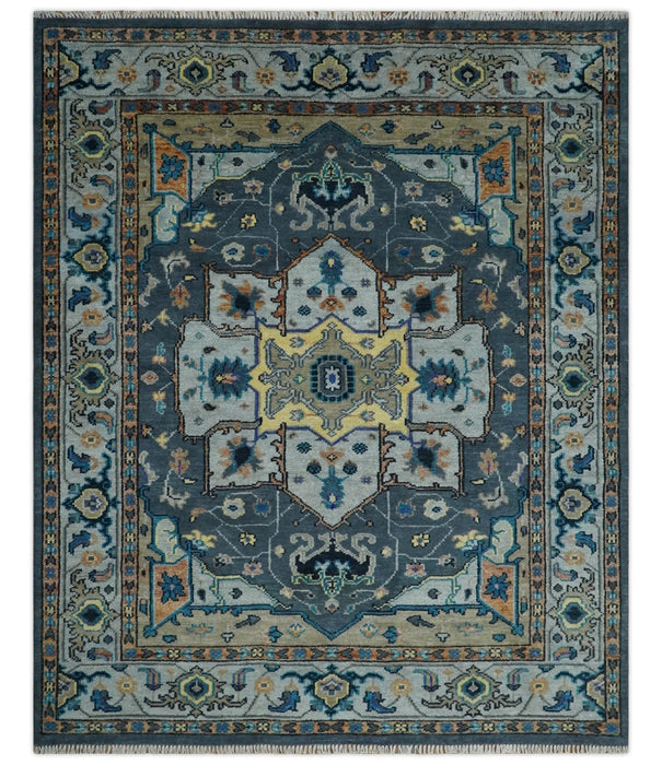 8x10 Blue, Silver and Beige Hand Knotted Traditional Heriz Serapi Wool Area Rug