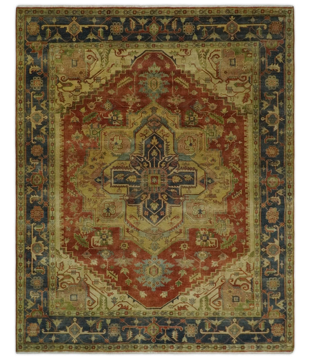 8x10 Gold, Rust and Charcoal Heriz Serapi Traditional Vintage Turkish Style Antique Look Hand Knotted Wool Area Rug | N361810