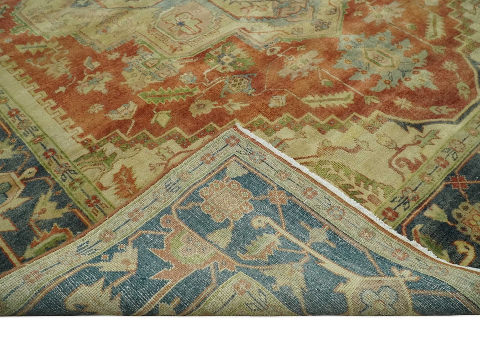 8x10 Gold, Rust and Charcoal Heriz Serapi Traditional Vintage Turkish Style Antique Look Hand Knotted Wool Area Rug | N361810