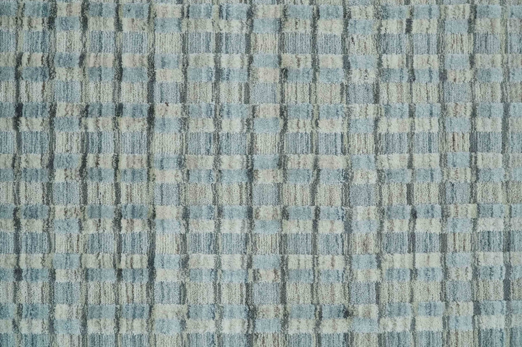 8x10 Hand Made Checkered Blue, Ivory and Brown Scandinavian Blended Wool Flatwoven Area Rug | KE40