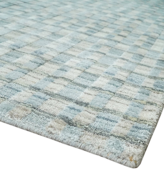 8x10 Hand Made Checkered Blue, Ivory and Brown Scandinavian Blended Wool Flatwoven Area Rug | KE40