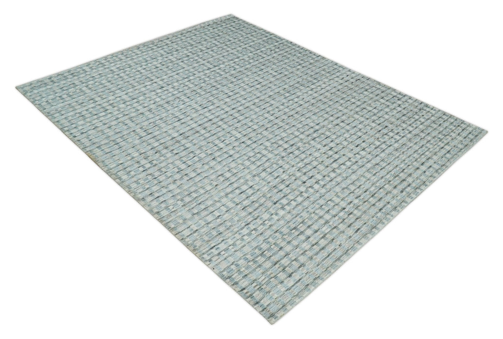 8x10 Hand Made Checkered Blue, Ivory and Brown Scandinavian Blended Wool Flatwoven Area Rug | KE40