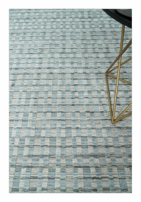 8x10 Hand Made Checkered Blue, Ivory and Brown Scandinavian Blended Wool Flatwoven Area Rug | KE40