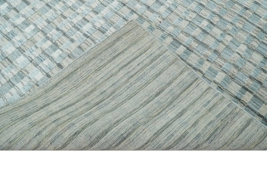 8x10 Hand Made Checkered Blue, Ivory and Brown Scandinavian Blended Wool Flatwoven Area Rug | KE40