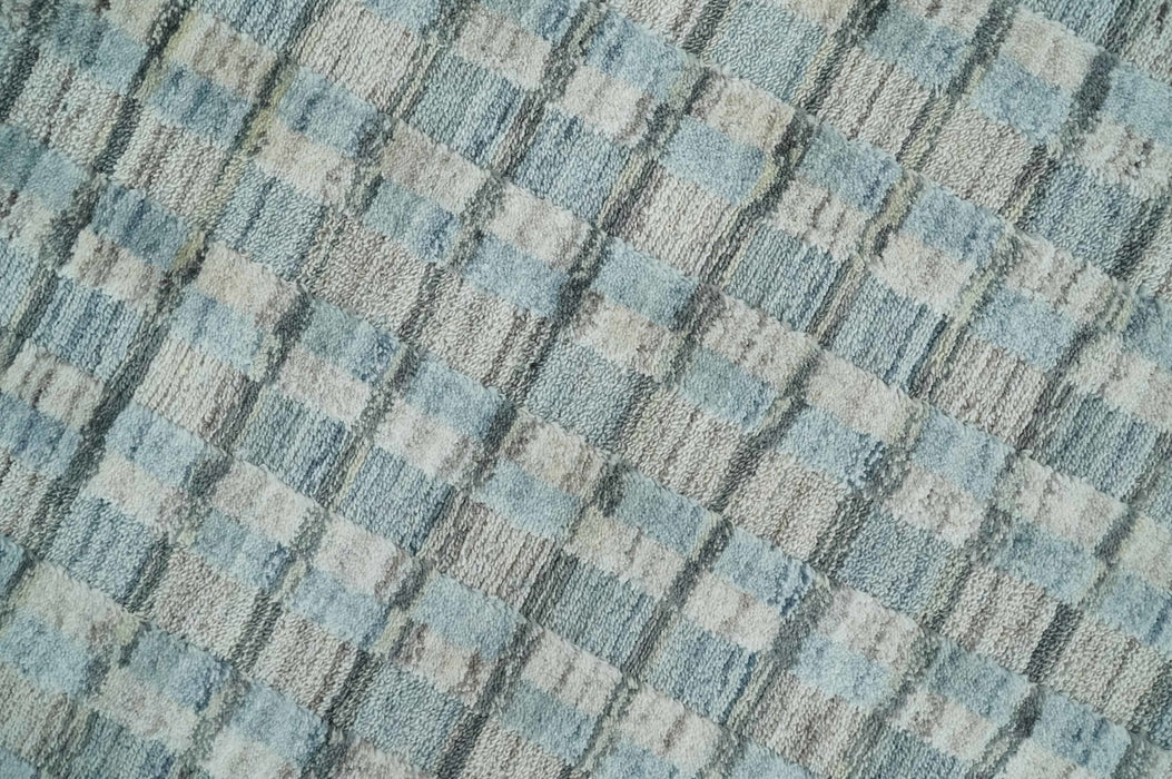 8x10 Hand Made Checkered Blue, Ivory and Brown Scandinavian Blended Wool Flatwoven Area Rug | KE40