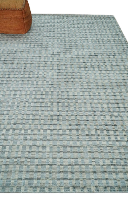 8x10 Hand Made Checkered Blue, Ivory and Brown Scandinavian Blended Wool Flatwoven Area Rug | KE40