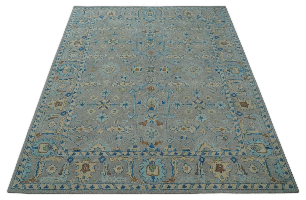 8x10 Hand Tufted Gray, Beige and Accent Blue Traditional Herati Design Wool Rug