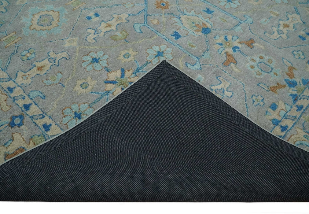 8x10 Hand Tufted Gray, Beige and Accent Blue Traditional Herati Design Wool Rug
