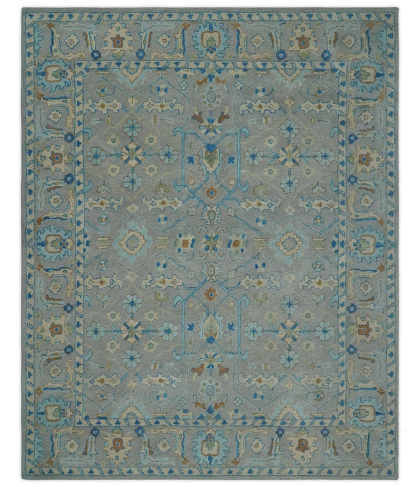8x10 Hand Tufted Gray, Beige and Accent Blue Traditional Herati Design Wool Rug