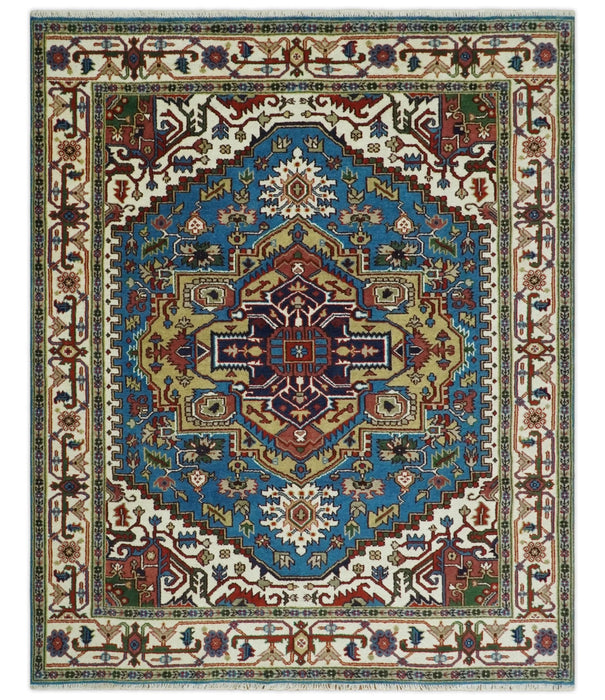 8x10 Olive, Blue and Ivory Heriz Serapi Hand knotted Traditional wool Area Rug