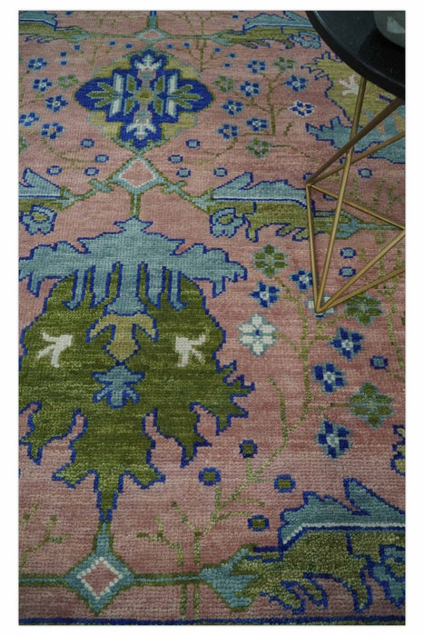 8x10 Wool Traditional Peach, Green and Blue Hand knotted Oushak Area Rug