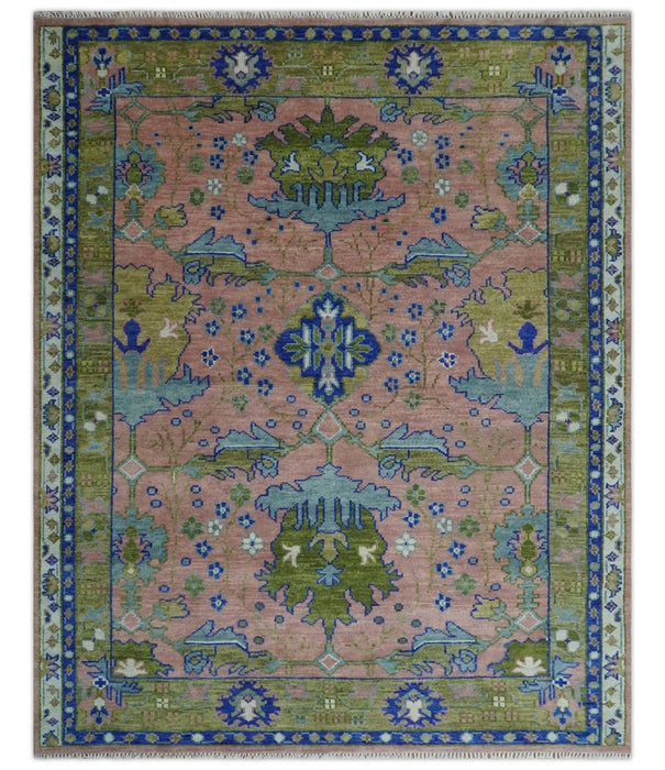 8x10 Wool Traditional Peach, Green and Blue Hand knotted Oushak Area Rug