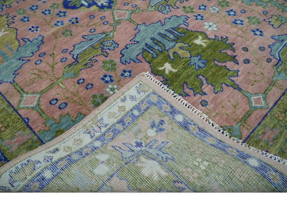 8x10 Wool Traditional Peach, Green and Blue Hand knotted Oushak Area Rug