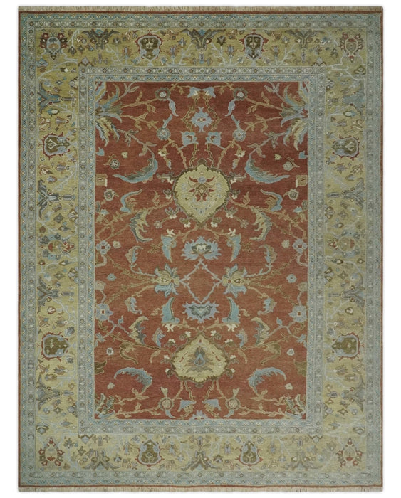 9.4x11.9 Hand Knotted Low Pile Rust, Beige and Blue Traditional Wool Area Rug