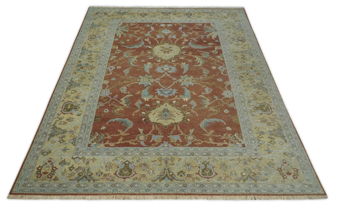 9.4x11.9 Hand Knotted Low Pile Rust, Beige and Blue Traditional Wool Area Rug