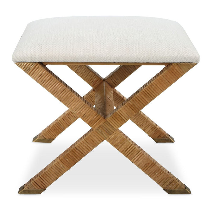 St Tropez Small Bench - rattan and brass and white