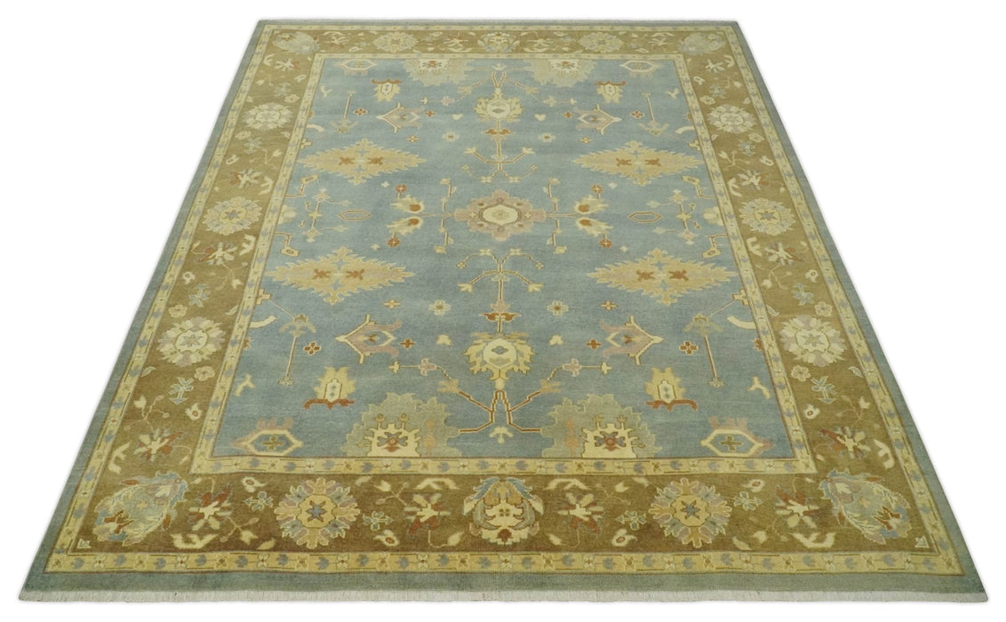 9x12 Hand Knotted Blue and Brown Traditional Antique Style Wool Area Rug