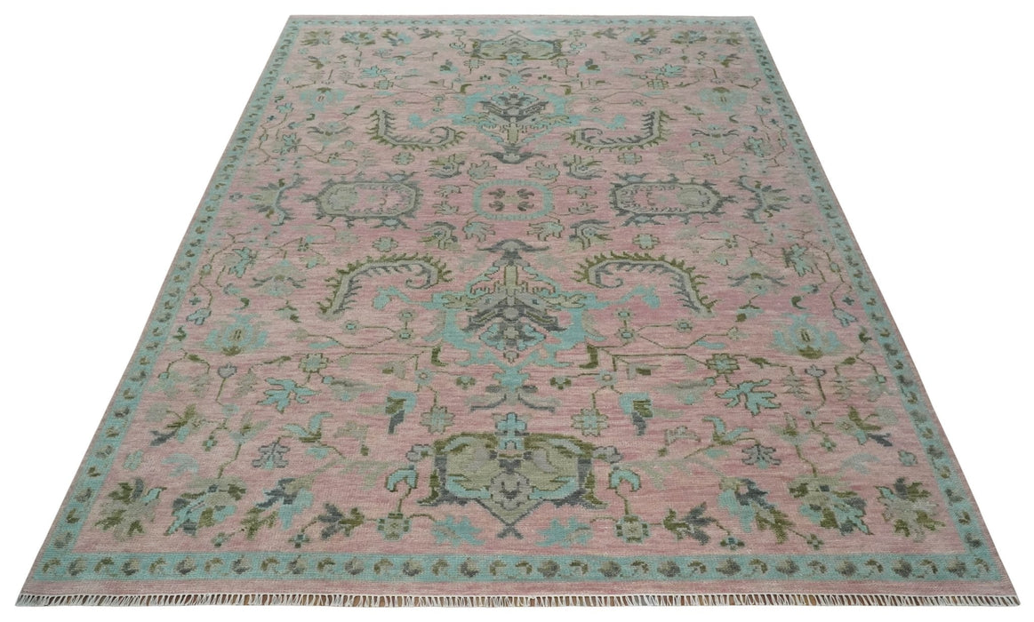 9x12 Hand Knotted Pink and Aqua Oriental Oushak Traditional Wool Area Rug