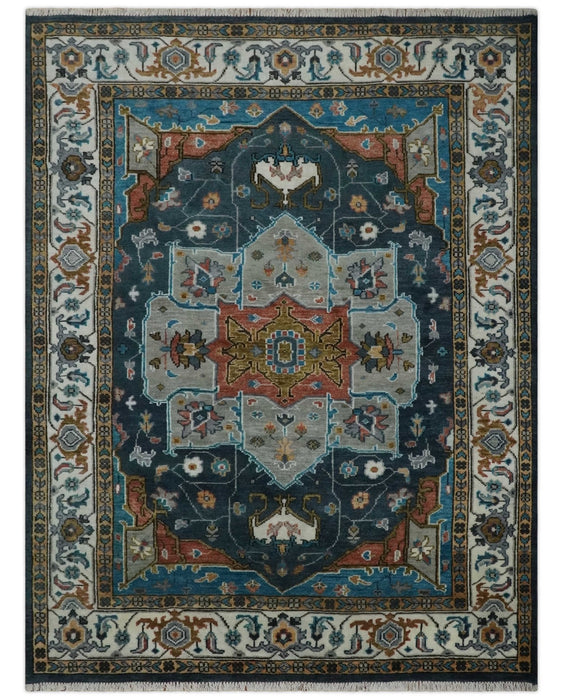 9x12 Rust, Silver, Blue and Ivory Hand Knotted Traditional Heriz Serapi Wool Area Rug