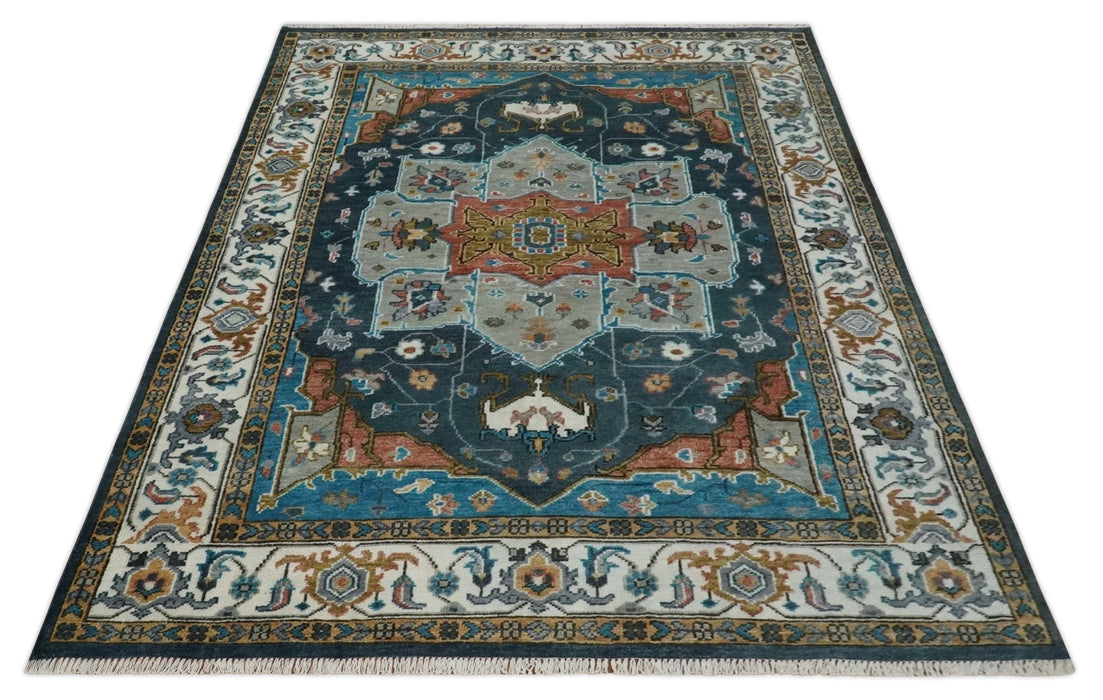 9x12 Rust, Silver, Blue and Ivory Hand Knotted Traditional Heriz Serapi Wool Area Rug