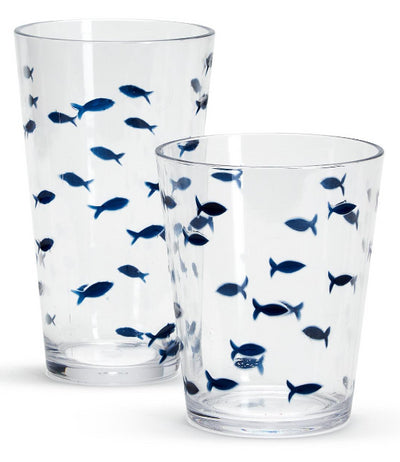 White blue fish acrylic drinking glass 24 piece set - kitchenware - coastal style