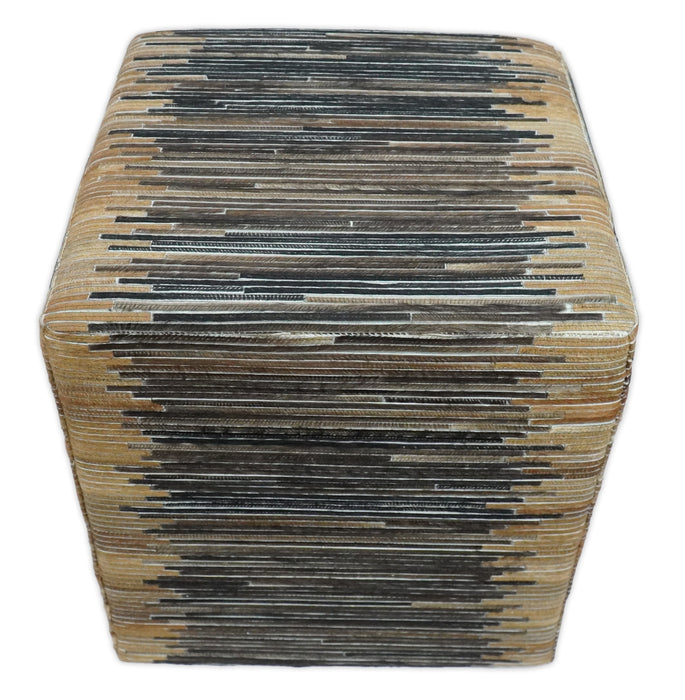 Brown and Black Square Leather Pouf Ottoman, Striped Patchwork Pouf Footstool, Side table, Seat , Foot Rest | TRD105