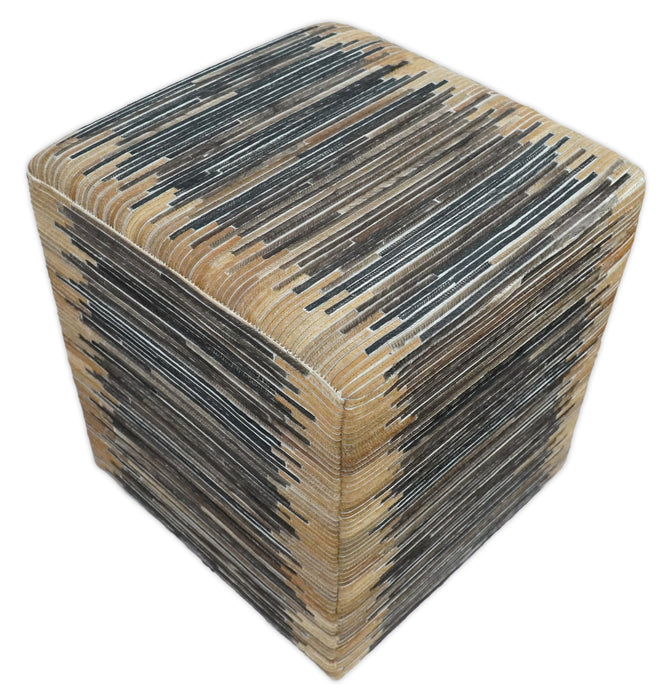 Brown and Black Square Leather Pouf Ottoman, Striped Patchwork Pouf Footstool, Side table, Seat , Foot Rest | TRD105