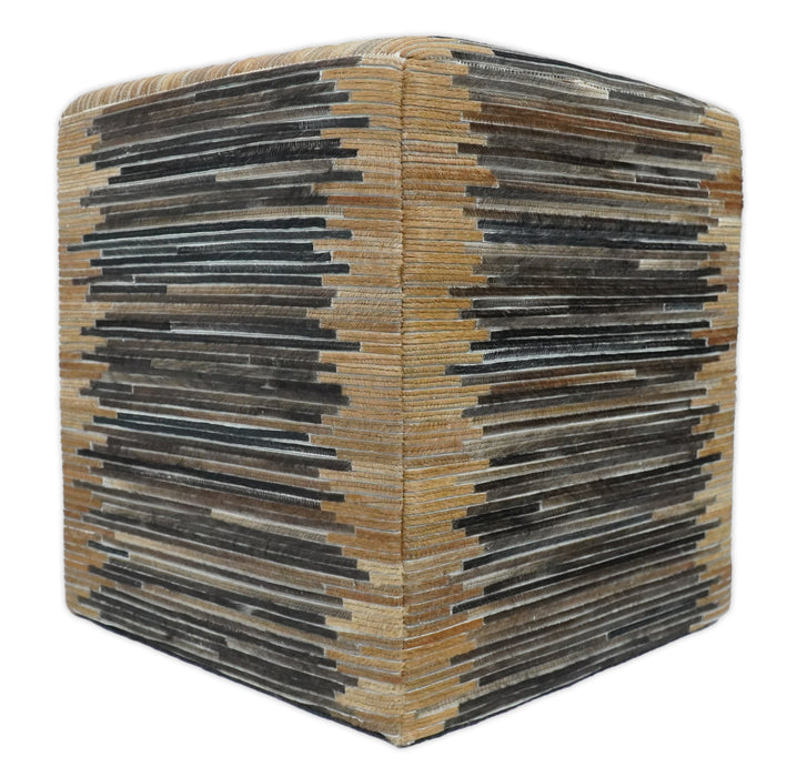 Brown and Black Square Leather Pouf Ottoman, Striped Patchwork Pouf Footstool, Side table, Seat , Foot Rest | TRD105