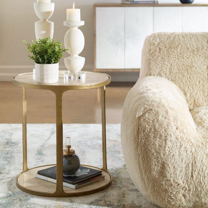 Clench Side Table, 2 Cartons - antique brass with travertine