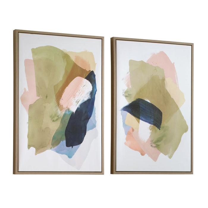 Abstract Afternoon Framed Canvases, S/2 - organic shapes in blue, olive green, and salmon with light oak frame