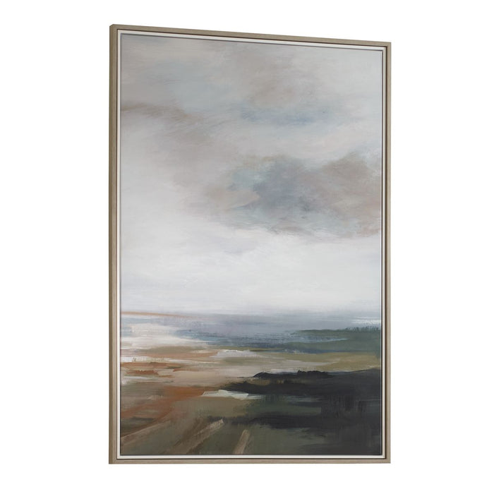 Lowlands Framed Canvas - abstract landscape in grays and blues with double gallery frame