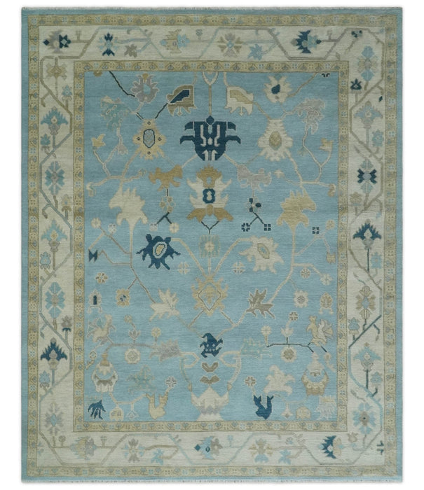 Antique Blue, Ivory and Beige Multi Size Traditional Oushak Wool Rug