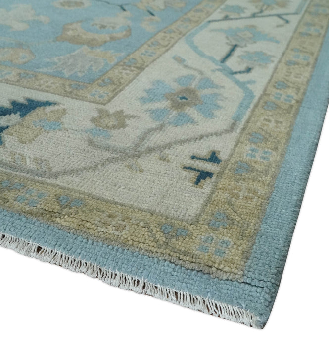 Antique Blue, Ivory and Beige Multi Size Traditional Oushak Wool Rug