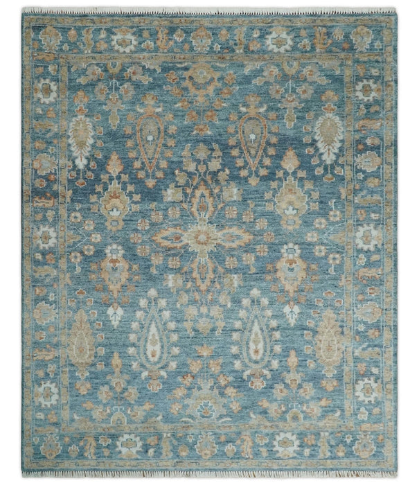 Antique Hand Knotted 8x10 Blue, Beige and Rust Traditional Oushak Wool Rug | TRD2782810S