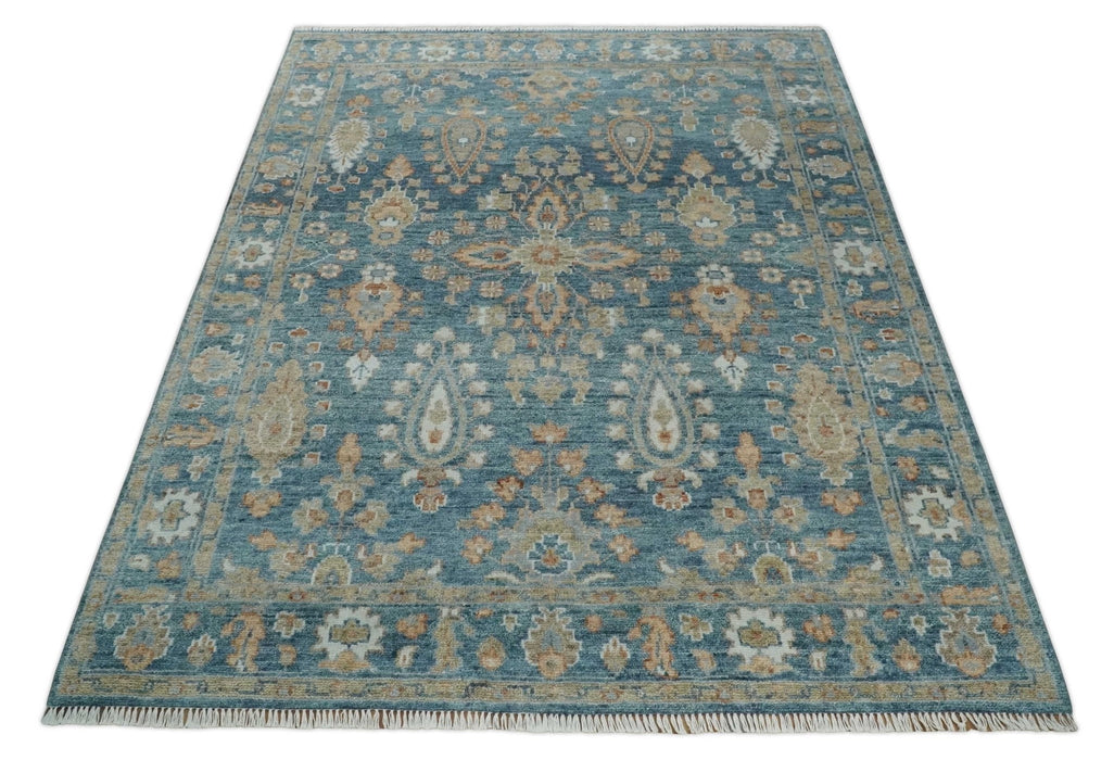 Antique Hand Knotted 8x10 Blue, Beige and Rust Traditional Oushak Wool Rug | TRD2782810S