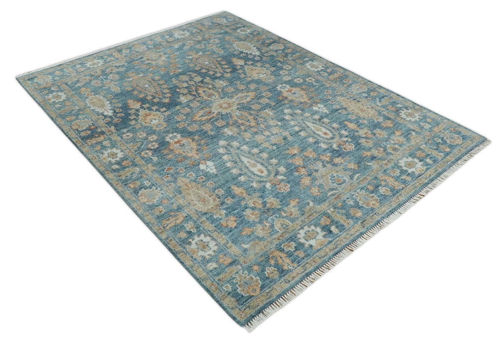 Antique Hand Knotted Blue and Beige Traditional Oushak Design Wool Rug | TRD2782