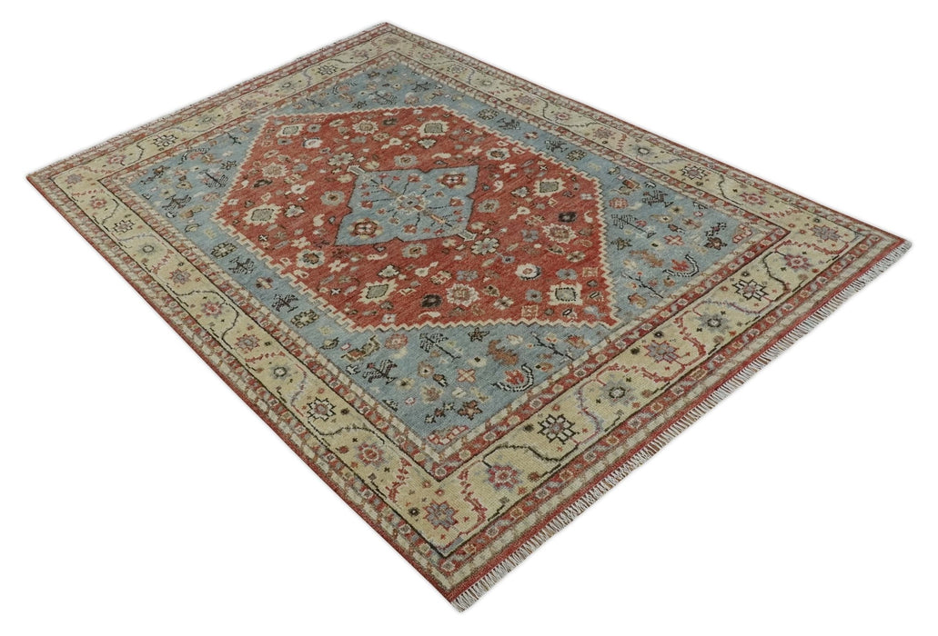 Antique look Traditional Floral Gray, Rust and Beige Hand knotted Heriz Custom Made wool Area Rug
